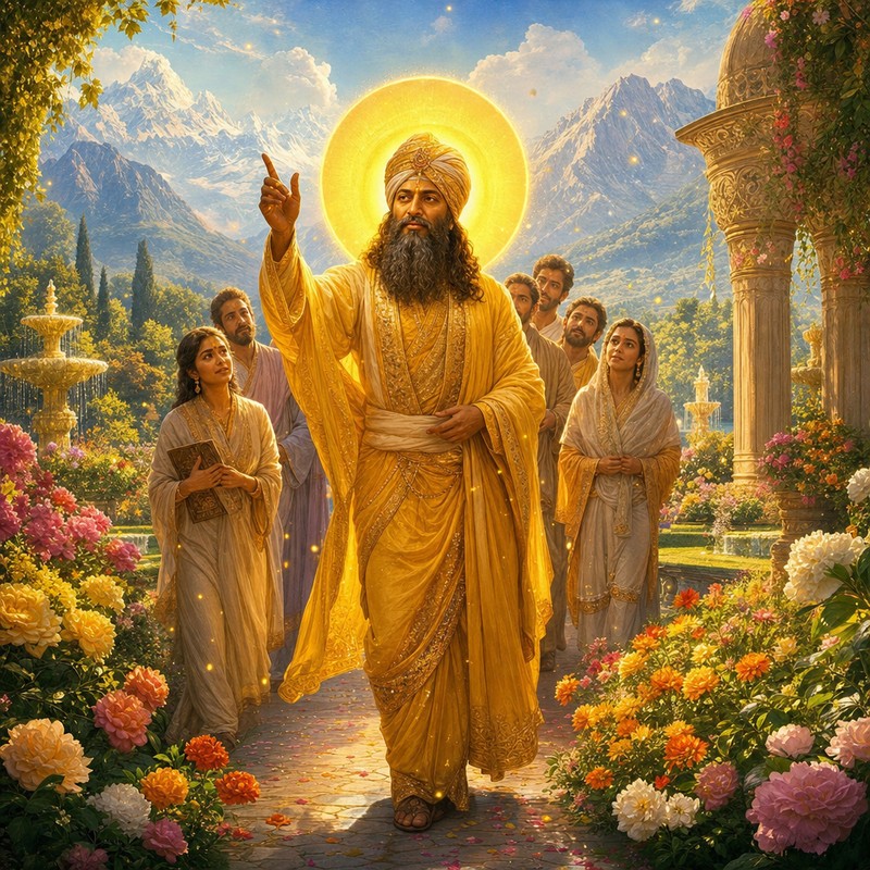 Maestro Kuthumi caminando por jardín celestial enseñando amor-sabiduría