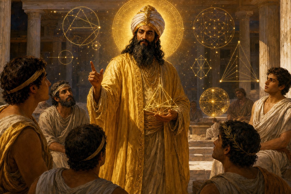 Kuthumi como Pitágoras enseñando geometría sagrada