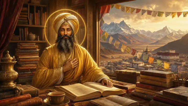 El Maestro Kuthumi, con turbante dorado y blanco y túnica dorada, sentado ante un libro abierto con la mano en el corazón, en un estudio lleno de libros con vistas a un valle tibetano y montañas nevadas