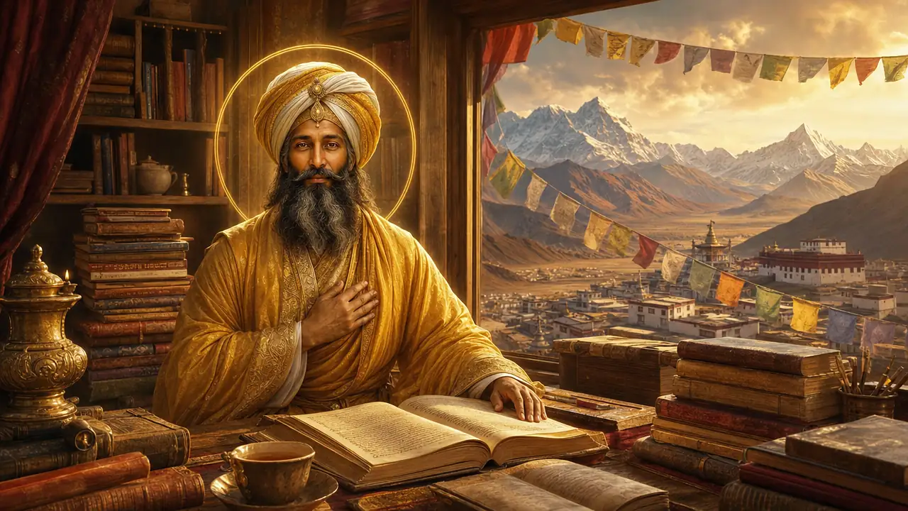 El Maestro Kuthumi, con turbante dorado y blanco y túnica dorada, sentado ante un libro abierto con la mano en el corazón, en un estudio lleno de libros con vistas a un valle tibetano y montañas nevadas