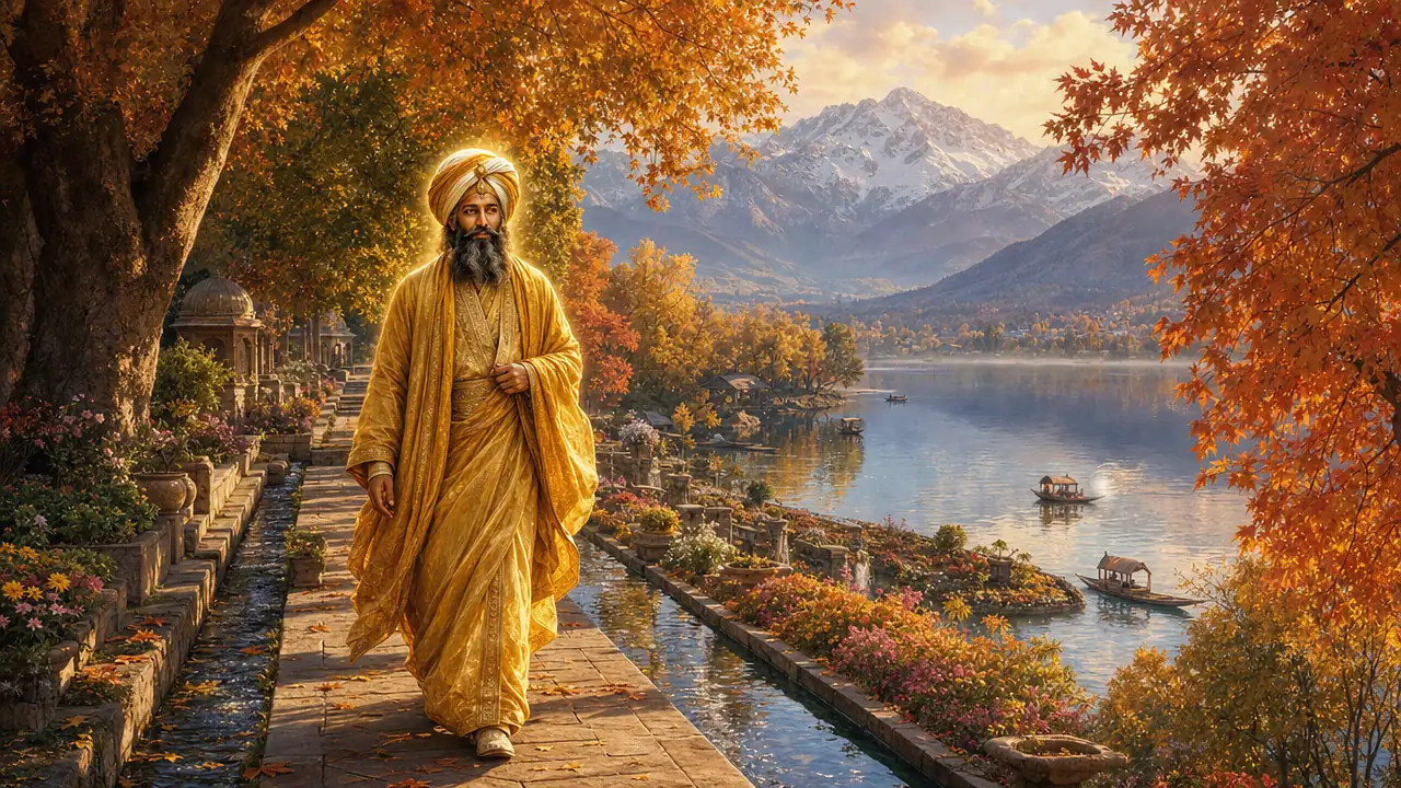 El Maestro Kuthumi, con túnica dorada, camina por un jardín mogol de Cachemira entre árboles de otoño, junto a un lago con barcas y montañas nevadas