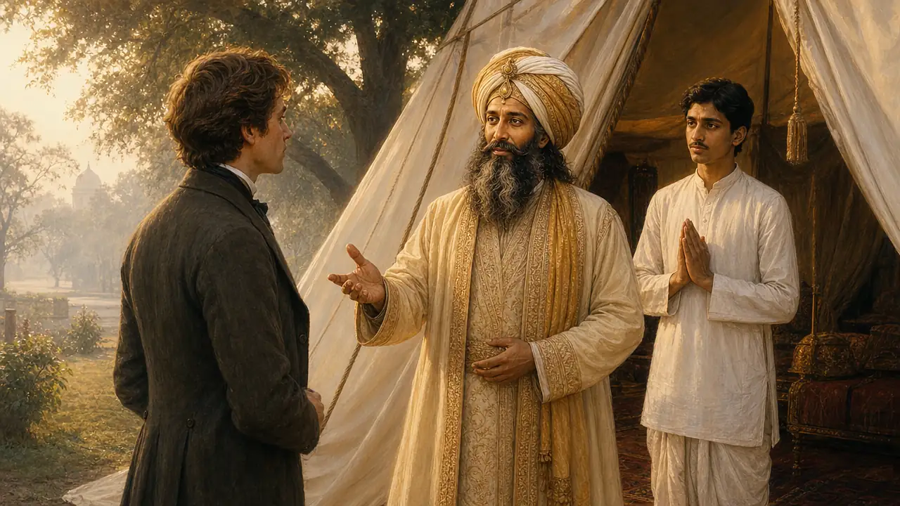 El Maestro Kuthumi, con turbante dorado y blanco y abrigo indio claro, habla a la entrada de una tienda blanca con un joven europeo y un joven indio con las manos juntas, al amanecer