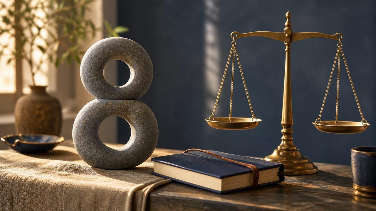 Dos piedras formando un ocho junto a una balanza, símbolo de equilibrio y responsabilidad