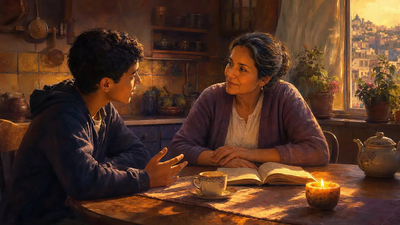 Una mujer de unos cincuenta años escucha con atención a un adolescente en la mesa de la cocina, junto a un libro abierto, una taza de té y una vela encendida