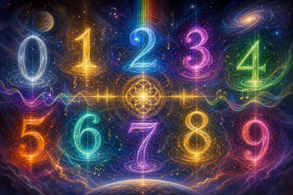 Números 0-9 flotando con ondas de energía de colores