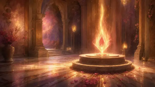 Una alta llama de luz dorada con núcleo rojo rubí arde en un altar de mármol dentro de una cámara de templo bañada en luz rosa dorada, con unos pétalos de rosa junto a la base