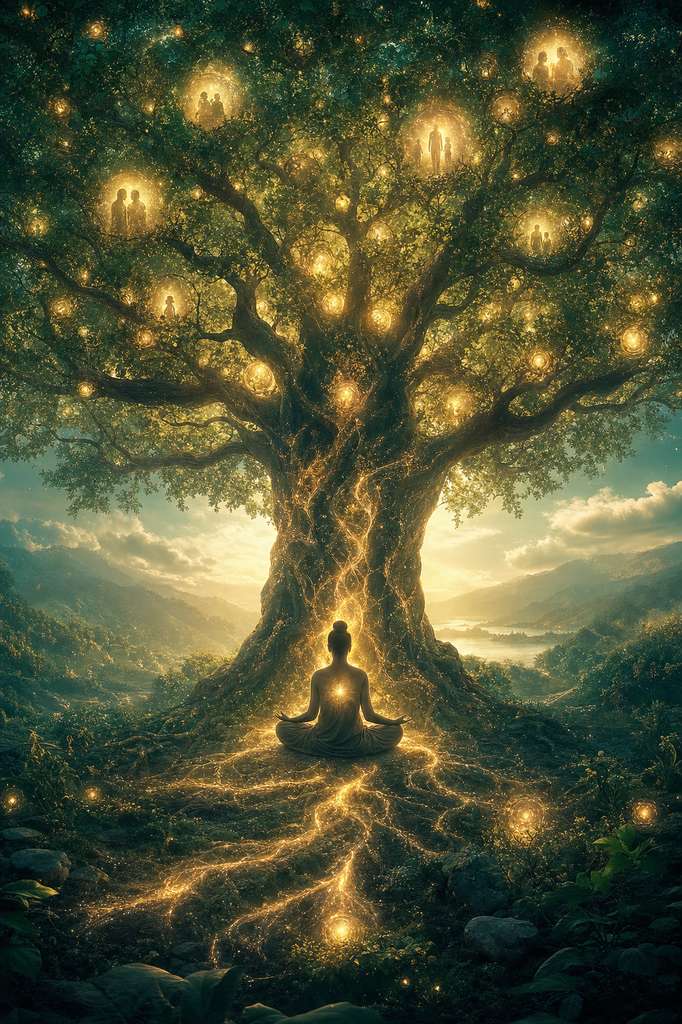 Persona meditando bajo un árbol luminoso con figuras de ancestros como luces entre las ramas