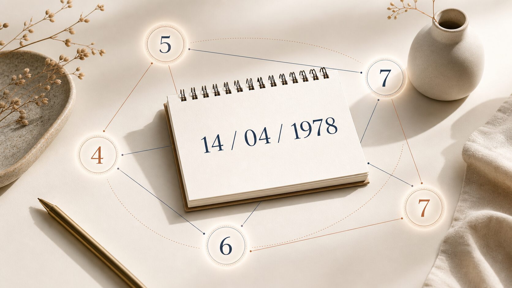 Calendario con la fecha 14/04/1978 y los resultados 5, 4, 6, 7 y 7 de los cinco factores