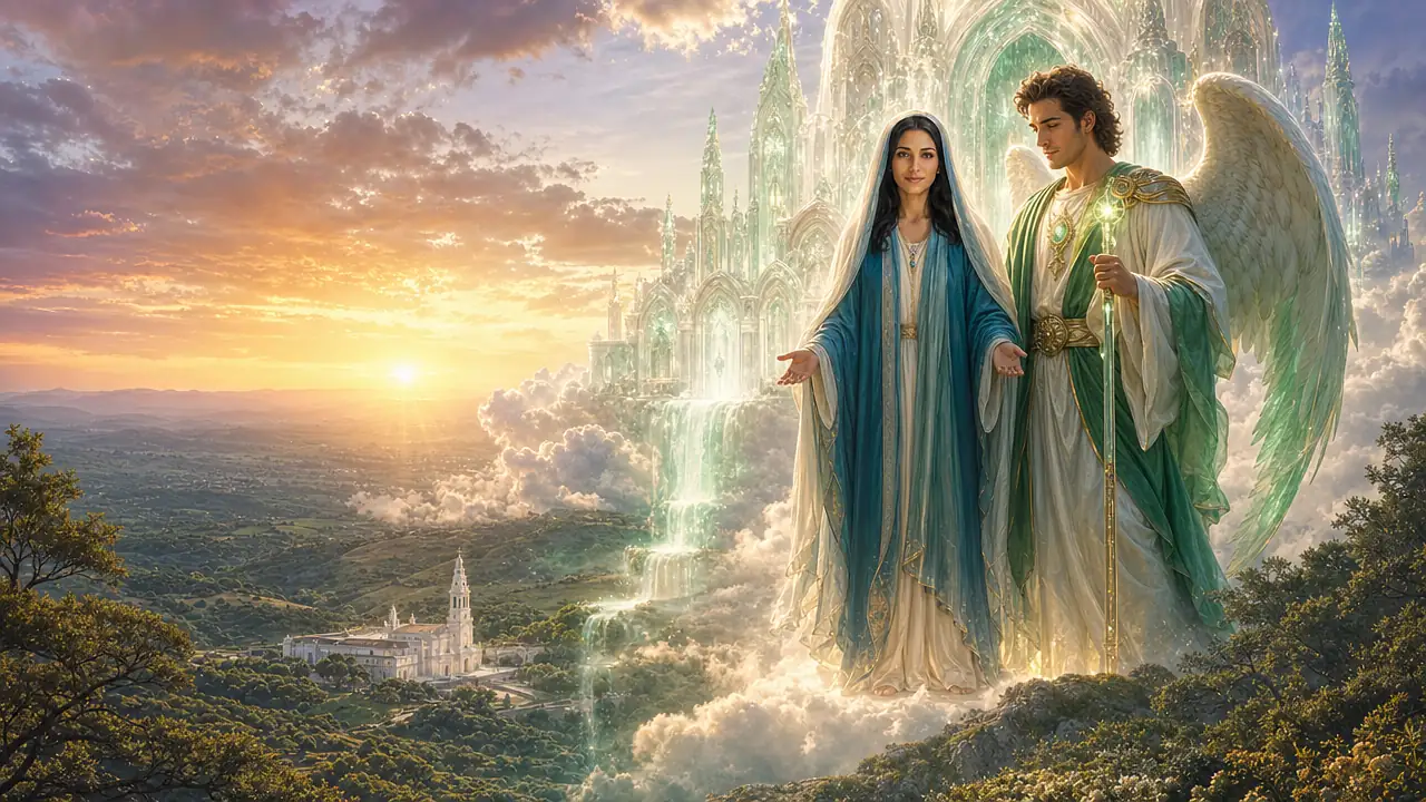 La Madre María, con velo azul y blanco, y el Arcángel Rafael, con alas blancas y túnica verde, contemplan desde un templo de luz esmeralda entre las nubes las colinas de Fátima y su santuario al amanecer