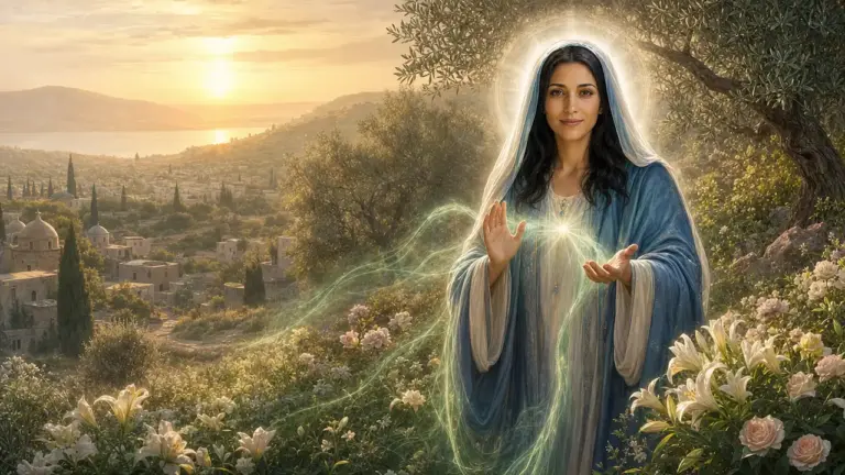 La Madre María, con velo azul y blanco y túnica azul, bendice con las manos abiertas en un jardín de olivos, lirios y rosas sobre un pueblo de Galilea al amanecer, envuelta en una suave luz verde esmeralda
