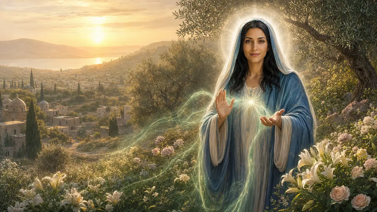 La Madre María, con velo azul y blanco y túnica azul, bendice con las manos abiertas en un jardín de olivos, lirios y rosas sobre un pueblo de Galilea al amanecer, envuelta en una suave luz verde esmeralda