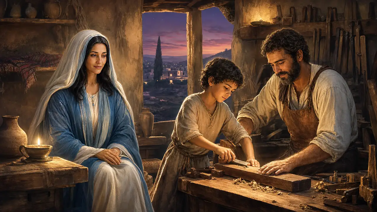 María, sentada junto a una lámpara de aceite, contempla en silencio cómo el niño Jesús ayuda a José a cepillar una tabla en el taller de carpintero de Nazaret al atardecer