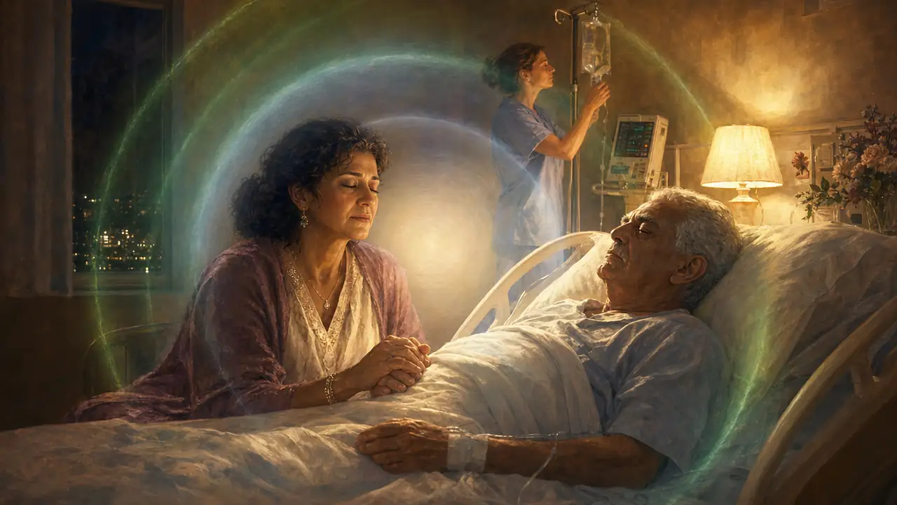 Una mujer reza con las manos juntas junto a la cama de hospital de su padre anciano mientras una enfermera revisa el gotero, rodeados de suaves esferas de luz blanca, azul y verde