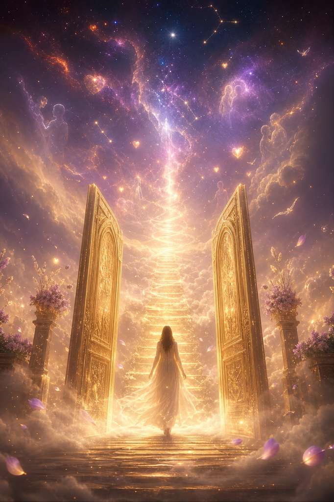 Puerta de luz dorada abriéndose en un paisaje onírico, escalera hacia el cielo