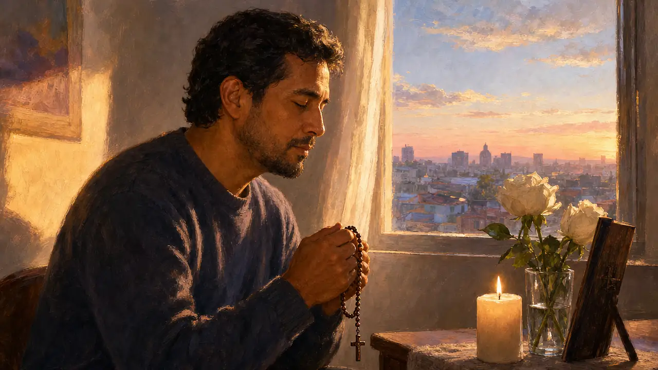 Un hombre reza con los ojos cerrados un rosario de madera junto a una ventana al amanecer, con una vela encendida, rosas blancas en un vaso y una pequeña imagen devocional sobre la mesa