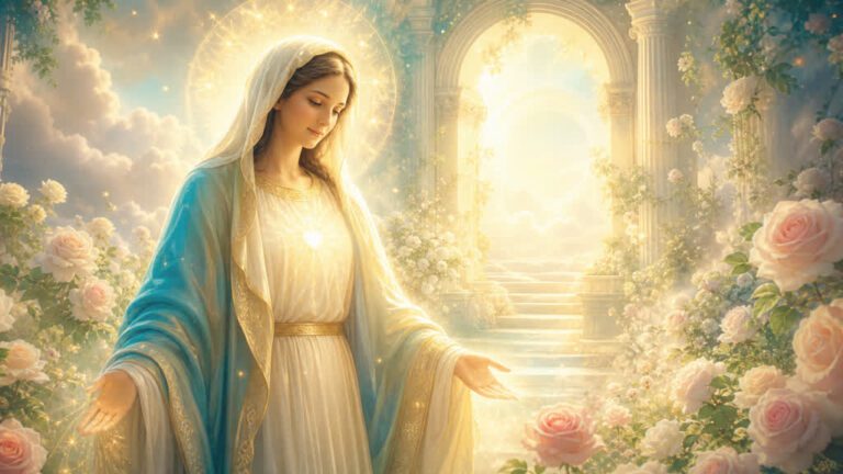 Soñar con la Virgen en un jardín celestial de luz y consuelo