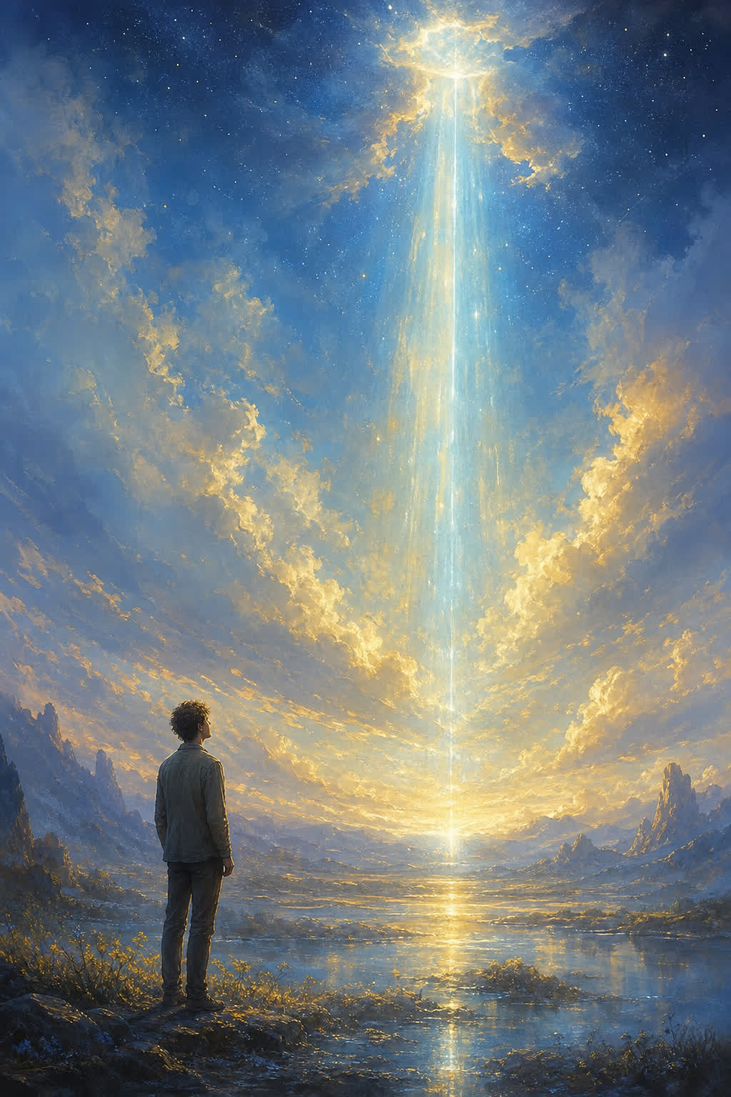 Persona contemplando un rayo de luz como símbolo de guía interior en sueños