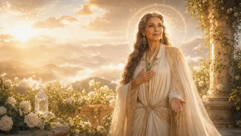 Madre Mileila, de cabello largo ondulado y túnica color marfil bordada en oro, con una mano sobre el corazón y la otra abierta, en una terraza de rosas blancas al amanecer, con un halo de luz dorada