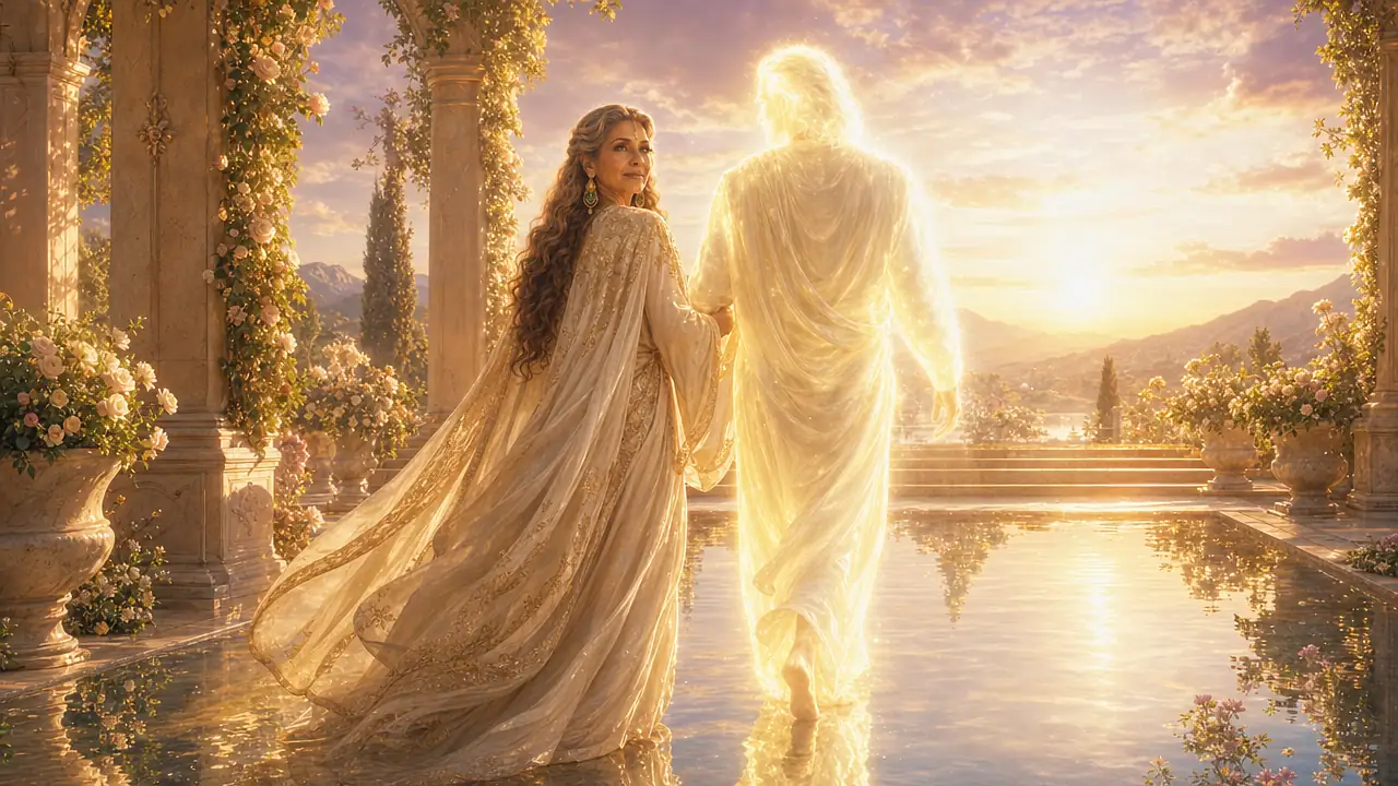 Madre Mileila camina de la mano junto a una figura masculina hecha de luz blanca y dorada, que representa al Maestro Ritzua, en un jardín de columnas y rosas junto a un estanque al amanecer