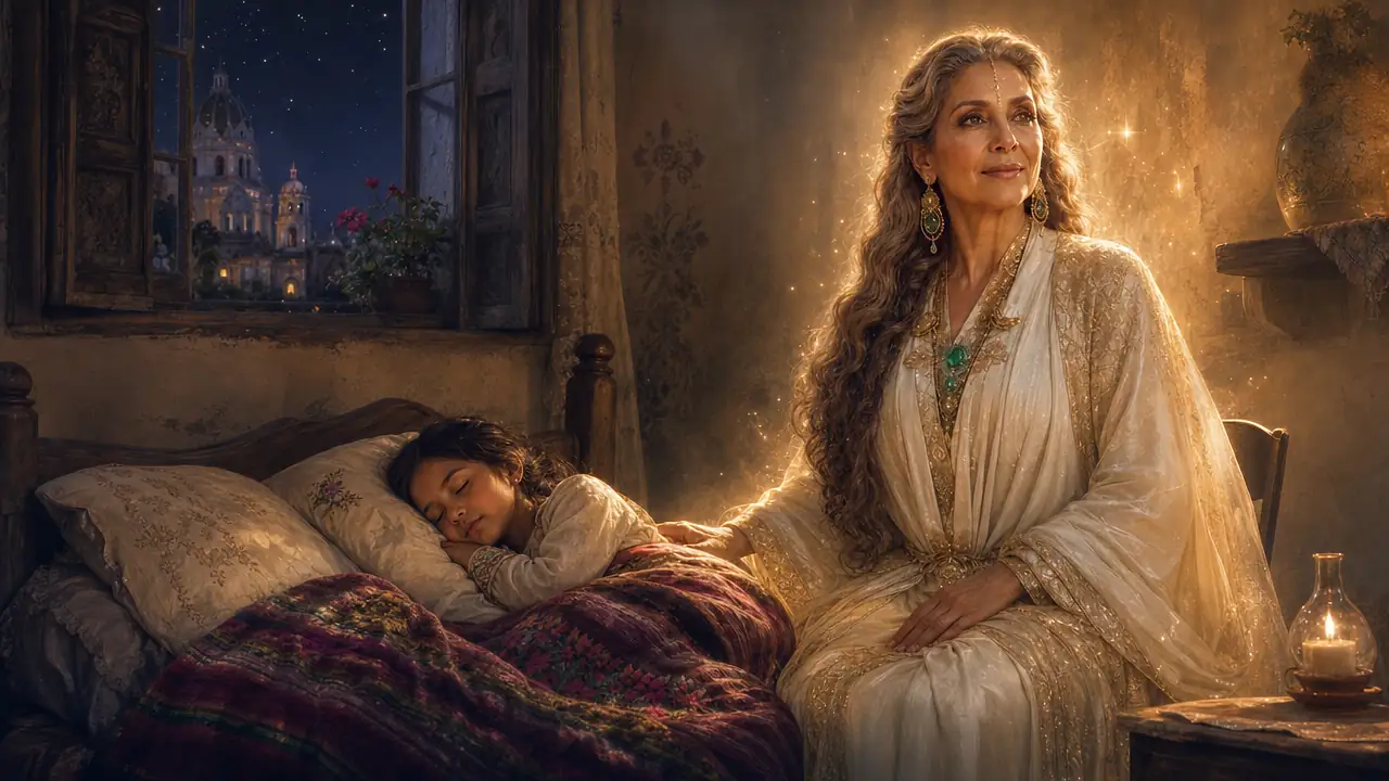 Madre Mileila, envuelta en luz dorada, vela con ternura el sueño de una niña en una habitación sencilla, con las cúpulas de una ciudad mexicana bajo las estrellas al fondo