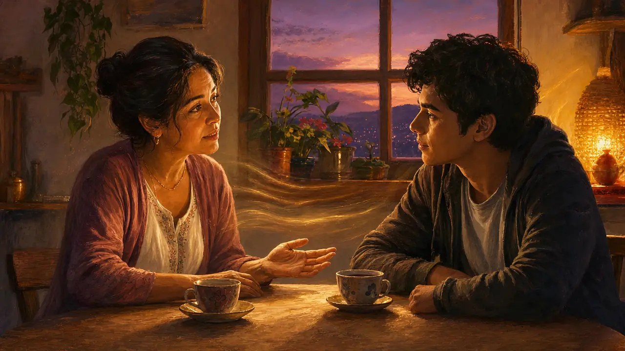 Una madre habla con calma a su hijo adolescente en la mesa de la cocina al atardecer, con dos tazas de té, mientras ondas suaves de luz dorada acompañan sus palabras