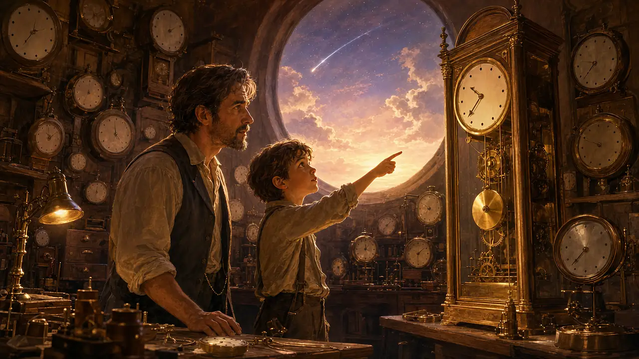 En un taller lleno de relojes detenidos, un niño señala con asombro el único reloj que sigue en marcha mientras su padre lo mira, bajo un cielo atravesado por un asteroide