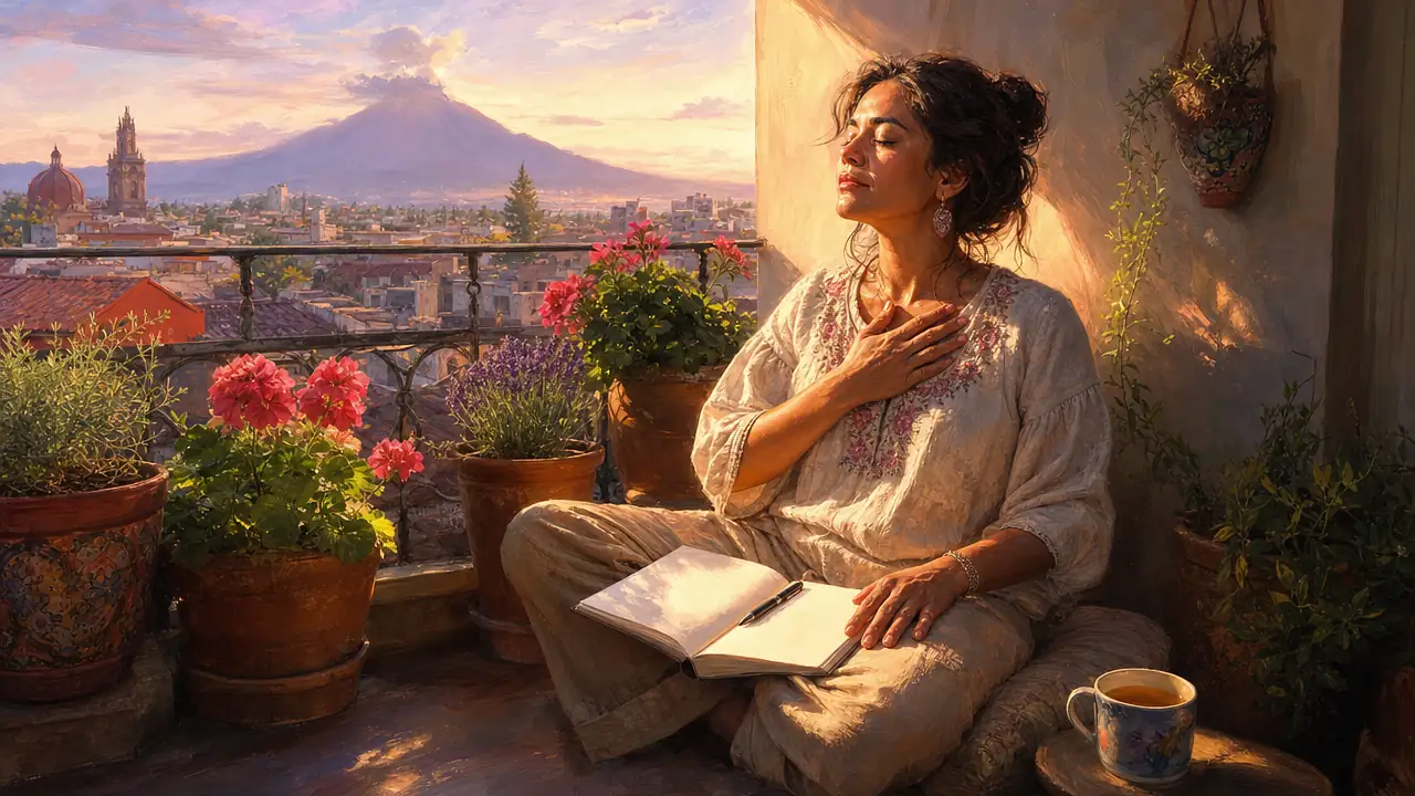 Una mujer medita con los ojos cerrados y la mano sobre el corazón en un balcón lleno de geranios, con un cuaderno abierto y una taza de té, frente a una ciudad y un volcán al amanecer
