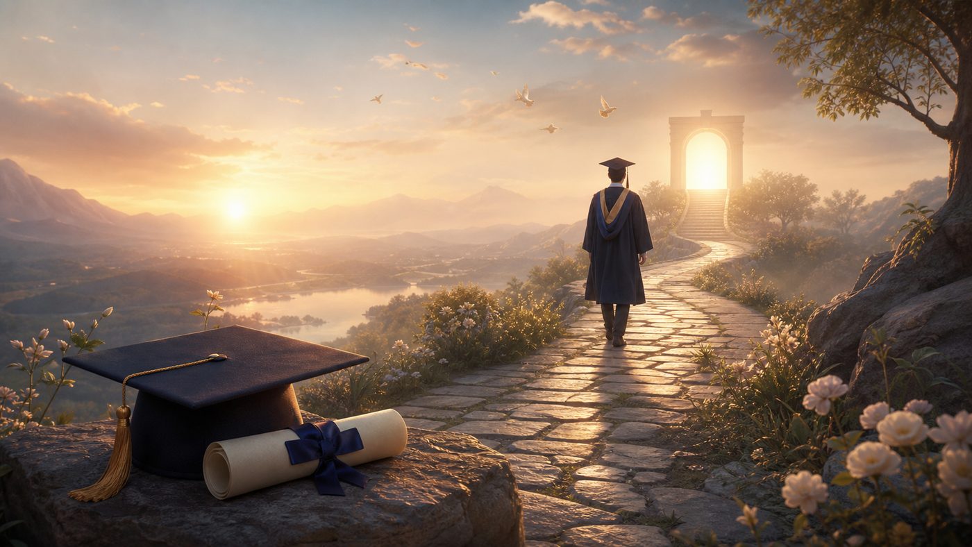 Camino de graduación onírico con luz de nuevo comienzo