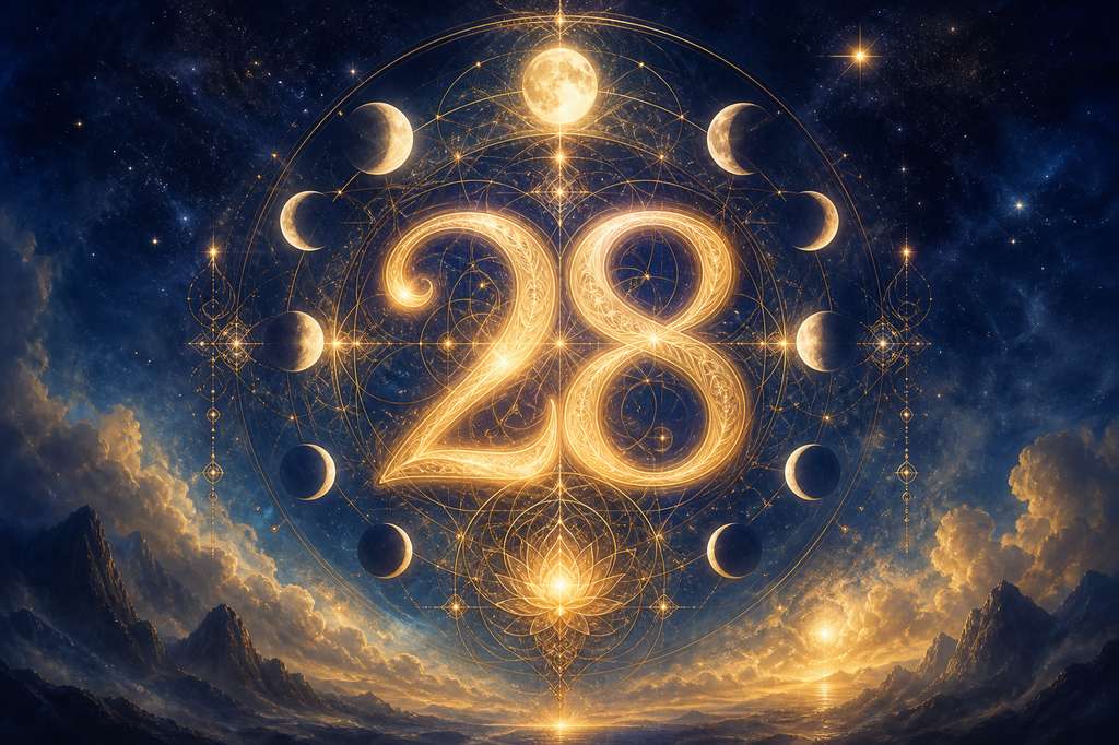 Número 28 fusionándose con ciclos lunares y geometría sagrada