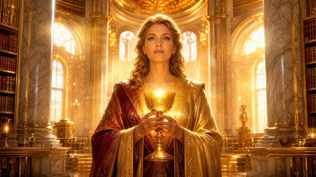 Señora Portia sosteniendo el cáliz dorado en el templo de la sabiduría