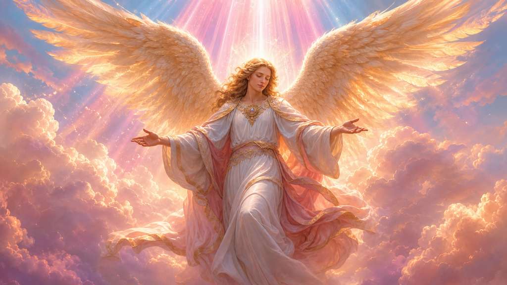 Ángel Muriel descendiendo con alas luminosas en un cielo celestial