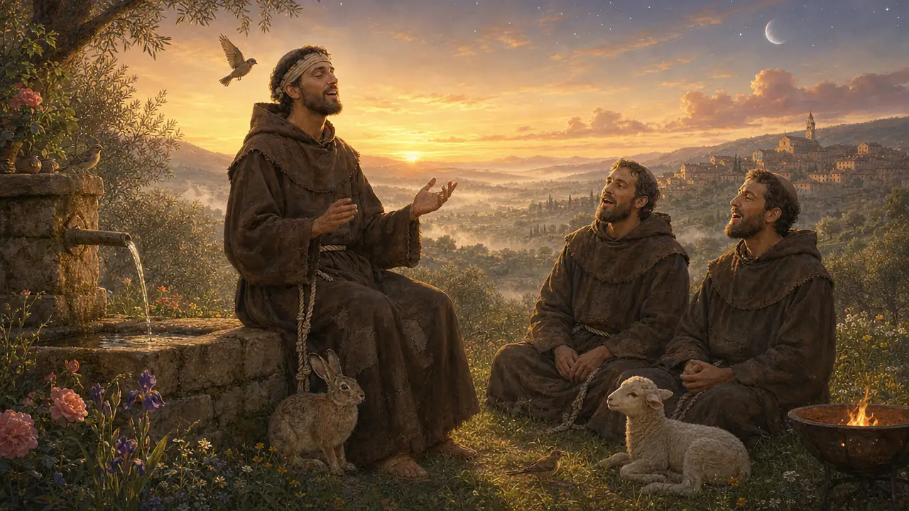 Francisco, frágil, con un paño suave subido sobre los ojos enfermos, canta con alegría junto a dos frailes en el jardín de San Damián mientras sale el sol; a su alrededor, la luna pálida, una fuente, un brasero encendido, flores, aves, una liebre y un cordero