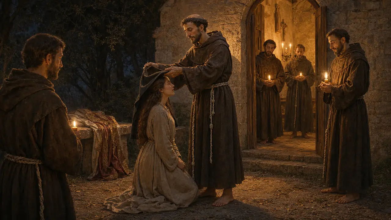 De noche y a la luz de las velas en la Porciúncula, Francisco coloca un velo sencillo sobre la cabeza de la joven Clara de Asís, arrodillada con túnica tosca, mientras varios frailes sostienen cirios y un vestido de seda plegado queda en un banco