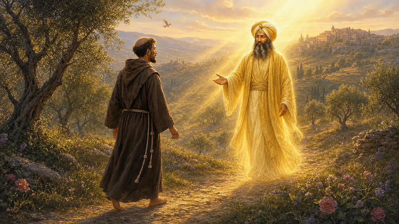 En una ladera de Umbría al atardecer, Francisco camina por un sendero hacia la figura luminosa y translúcida del Maestro Kuthumi, con turbante y túnicas doradas y la mano abierta en saludo, unidos por un rayo de luz dorada que cruza el cielo