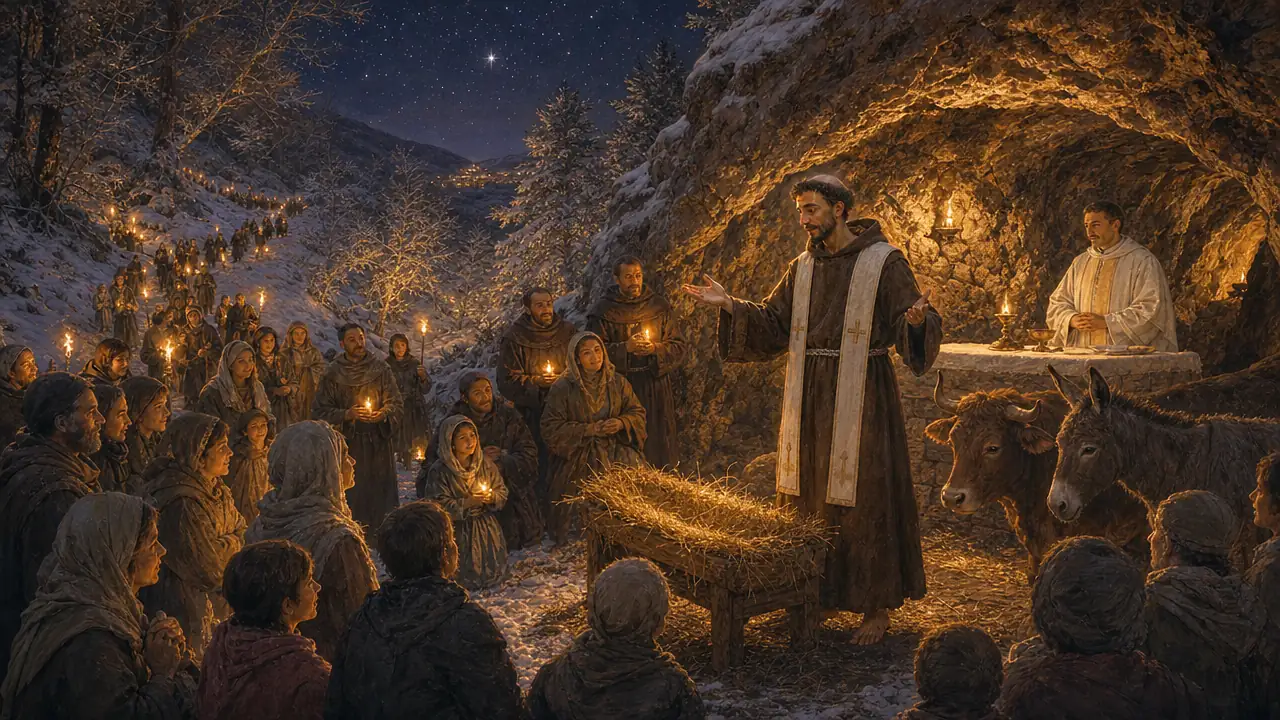 En la noche de Navidad de 1223, vecinos y frailes con antorchas se reúnen en una cueva arbolada de Greccio ante un pesebre con heno entre un buey y un asno, mientras Francisco, con estola blanca sobre el hábito, habla con las manos abiertas