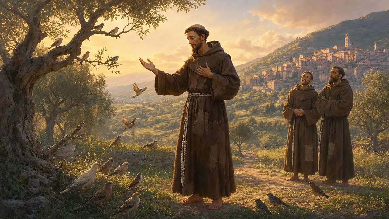 San Francisco de Asís, joven y delgado, con hábito marrón de lana, cuerda anudada y tonsura, habla a un grupo de pájaros posados en las ramas y en la hierba de un camino de Umbría al amanecer, con la ciudad de Asís al fondo y dos frailes detrás
