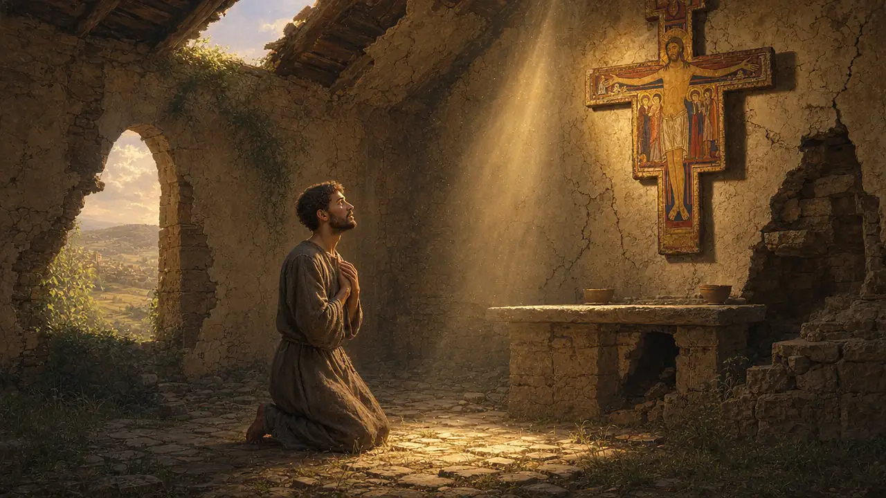 Un Francisco joven, de túnica gastada, arrodillado con las manos juntas ante el gran crucifijo pintado de San Damián en una capilla de piedra en ruinas, iluminada por un rayo de luz que entra por el techo deteriorado