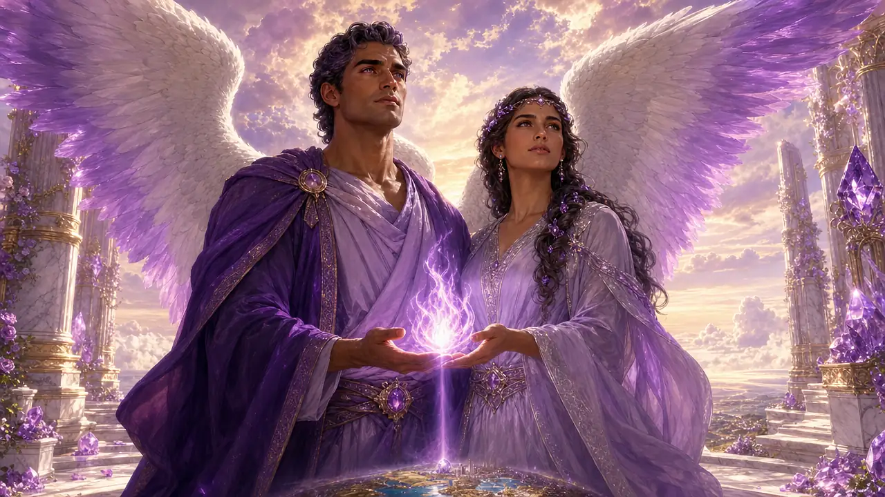El Arcángel Zadquiel, de piel morena y túnica violeta, y Amatista, de largo cabello oscuro trenzado con amatistas, sostienen juntos una llama violeta sobre una terraza de mármol entre las nubes, con sus alas blancas y lilas