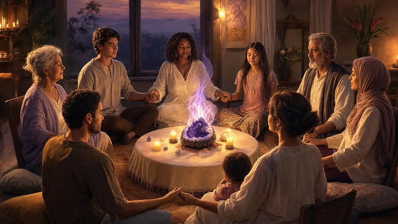Personas de distintas edades y orígenes, sentadas en círculo y cogidas de la mano, meditan con los ojos cerrados alrededor de una mesa con velas y una geoda de amatista de la que surge una llama violeta