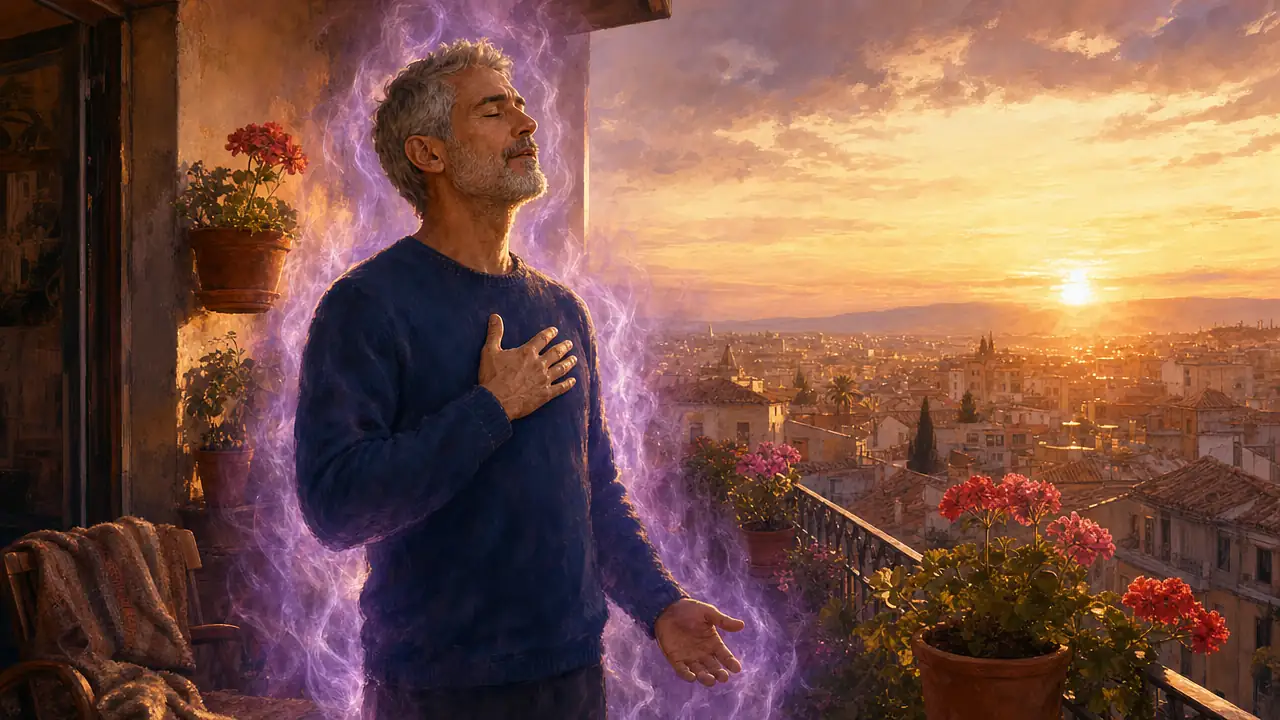 Un hombre de pelo canoso, con la mano en el corazón y los ojos cerrados, pronuncia un decreto en un balcón con geranios al amanecer, envuelto en una columna de luz violeta