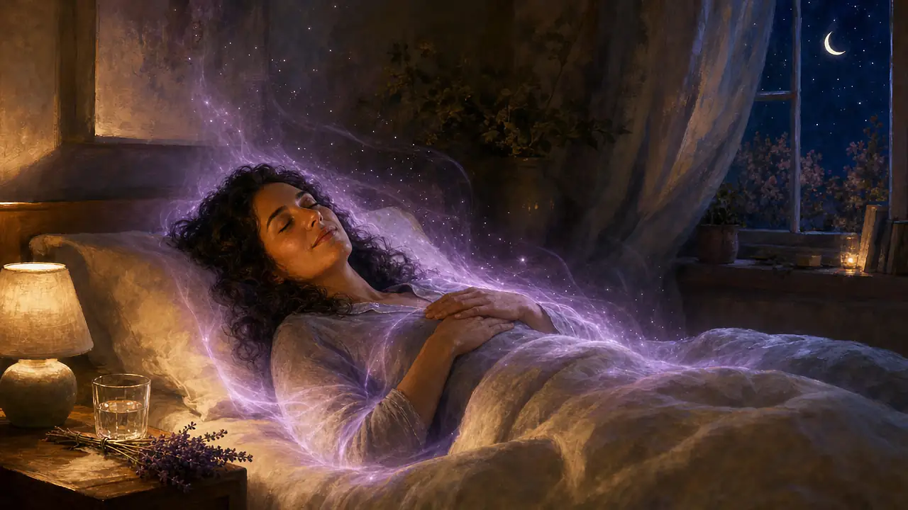 Una mujer de pelo rizado descansa en la cama con las manos sobre el pecho y una sonrisa serena, envuelta en un suave velo de luz violeta, con una lámpara tenue, un vaso de agua y lavanda en la mesilla