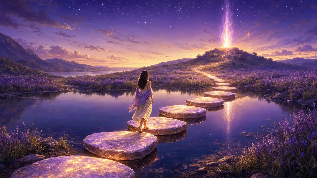 Una mujer descalza con chal lila camina sobre grandes piedras luminosas que cruzan un lago entre campos de lavanda hacia una llama violeta que arde en lo alto de una colina bajo las estrellas