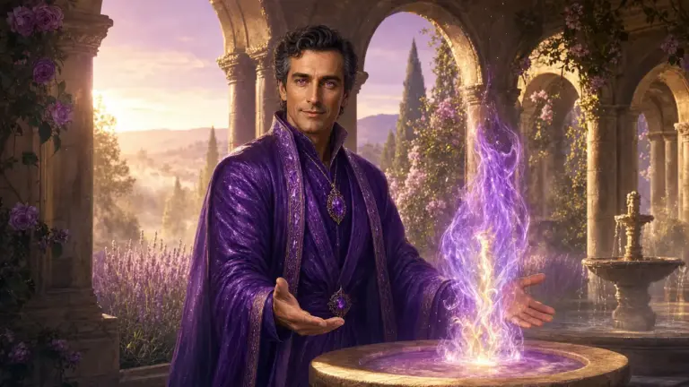 Saint Germain, con túnica violeta y colgante de amatista, extiende las manos abiertas hacia una alta llama violeta que arde sobre un altar de piedra en un claustro con lavanda al amanecer