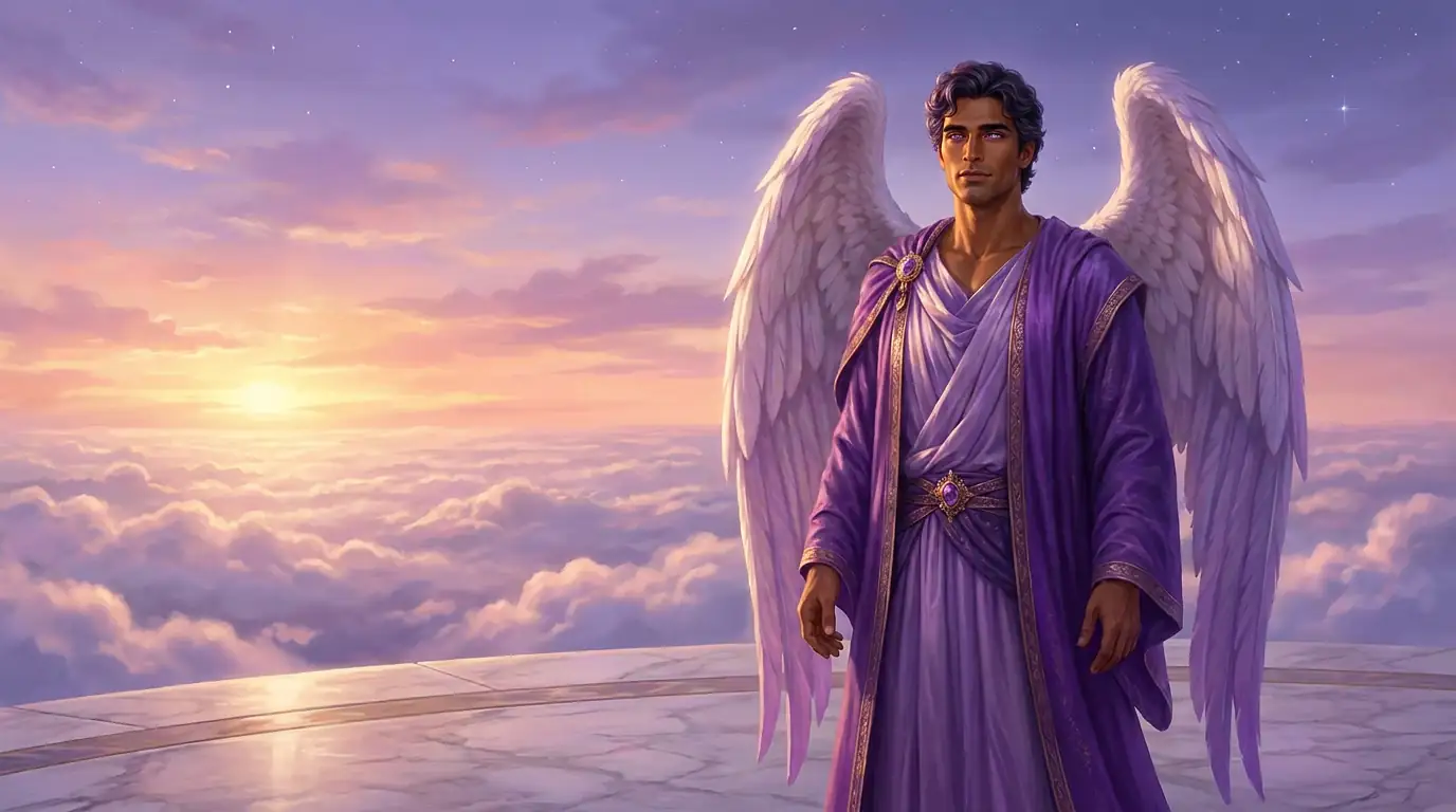 El Arcángel Zadquiel, de piel morena y túnica violeta con oro, con sus dos alas blancas plegadas, de pie sobre una terraza de mármol entre nubes al atardecer