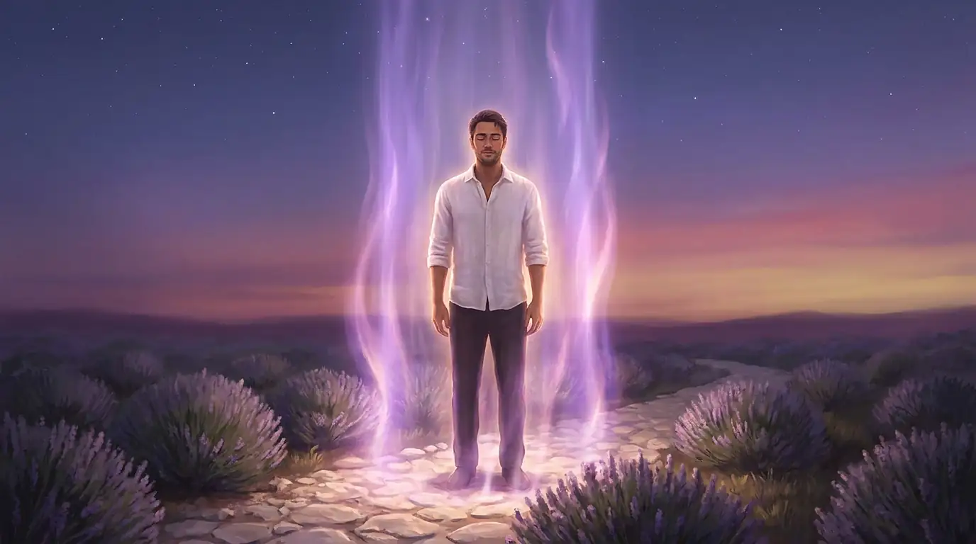 Un hombre con los ojos cerrados y los brazos relajados permanece dentro de un pilar de luz violeta translúcida que desciende del cielo estrellado hasta el suelo, entre lavandas al atardecer