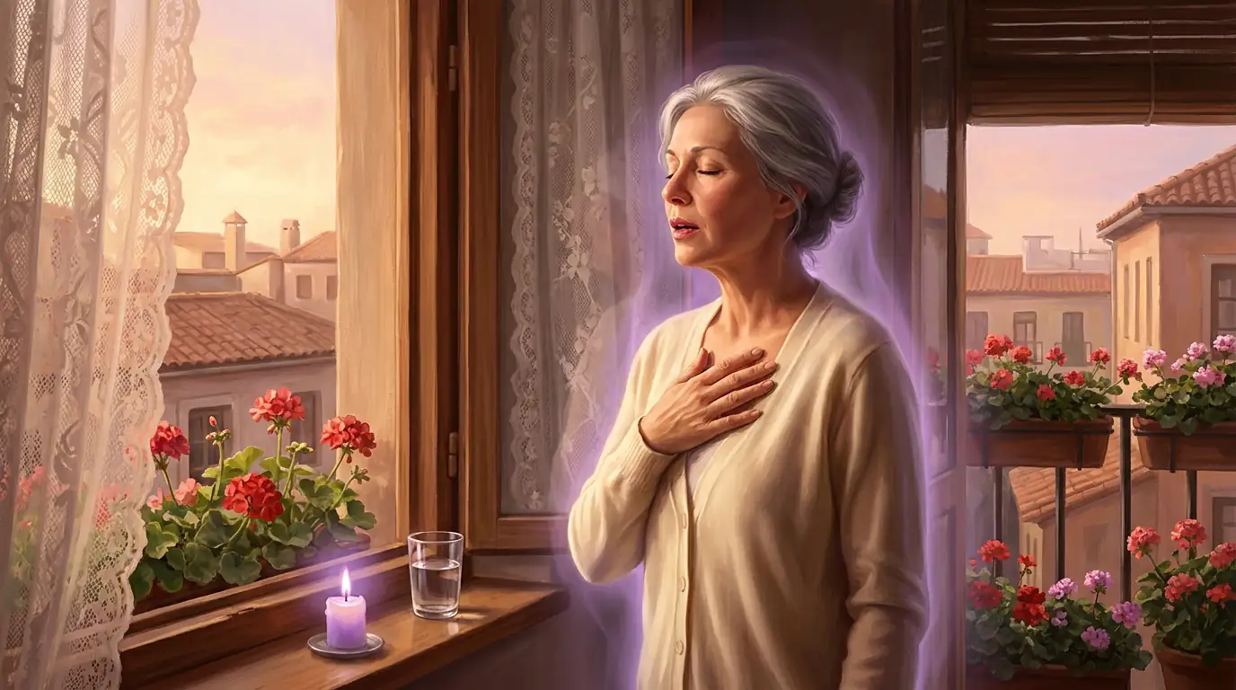 Una mujer de edad madura, con la mano en el corazón y los ojos cerrados, reza en silencio junto a una ventana con encaje al amanecer, con una vela de llama violeta y un vaso de agua en la repisa