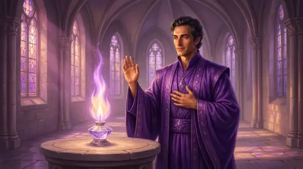 Saint Germain, con túnica violeta y colgante de amatista, alza una mano en bendición ante una alta llama violeta que arde en una lámpara de cristal dentro de una capilla de cristaleras violetas al atardecer