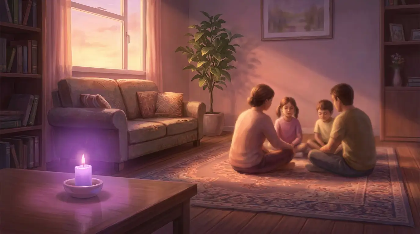 Una luz violeta suave llena un salón familiar al atardecer, con una vela de llama violeta sobre la mesa baja y una familia sentada junta en una alfombra, vista desde atrás