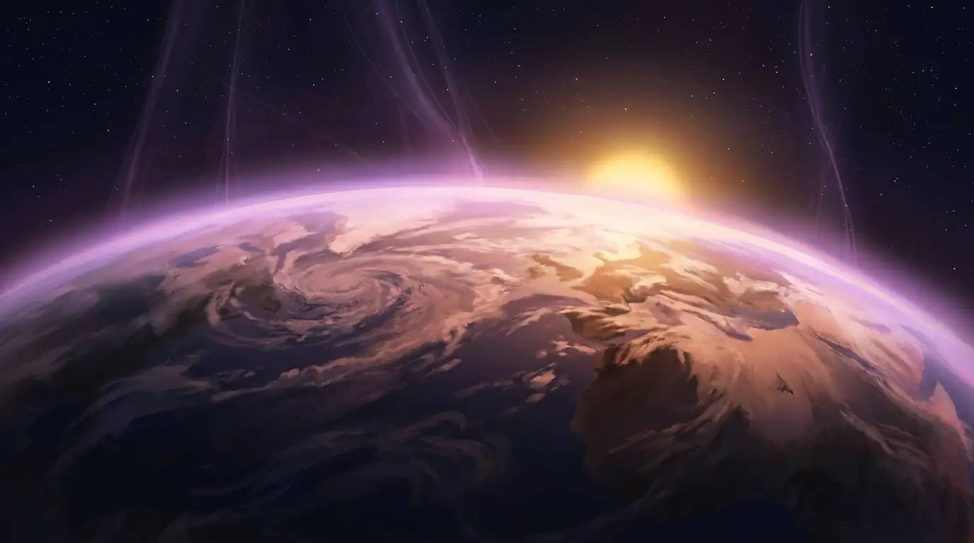 La Tierra vista desde el espacio, envuelta en un aura luminosa de luz violeta y rosa que la rodea suavemente, con hilos de luz violeta descendiendo de un cielo estrellado
