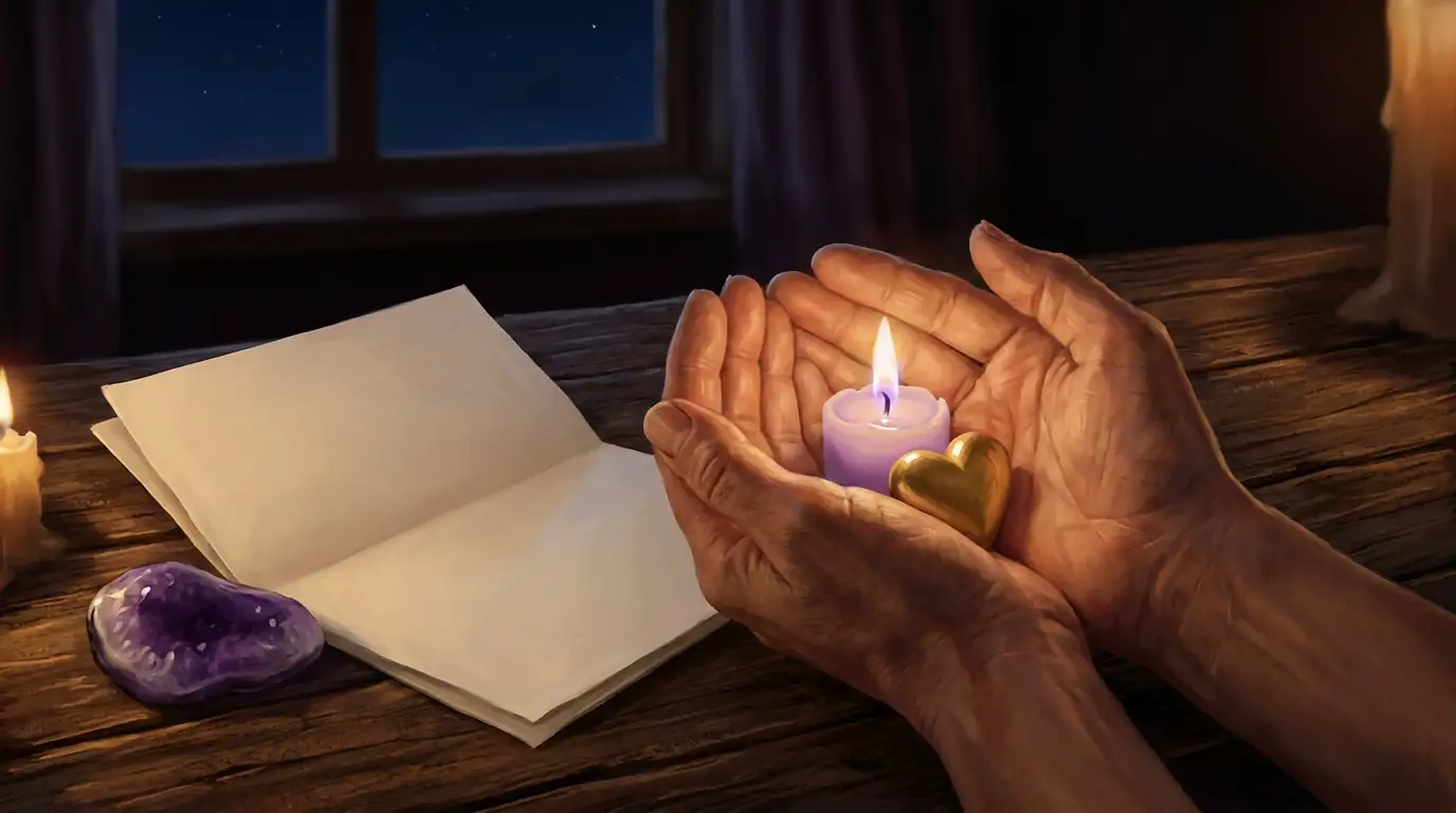 Unas manos abiertas sostienen una pequeña vela de llama violeta con corazón dorado, junto a una hoja de papel doblado y una piedra de amatista sobre una mesa de madera a la luz de la vela